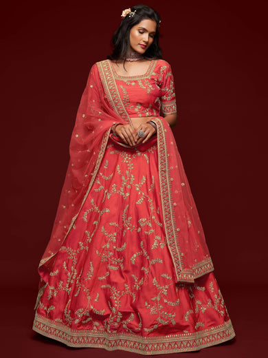 Coral Red Thread Embroidery Art Silk Wedding Wear Lehenga Choli